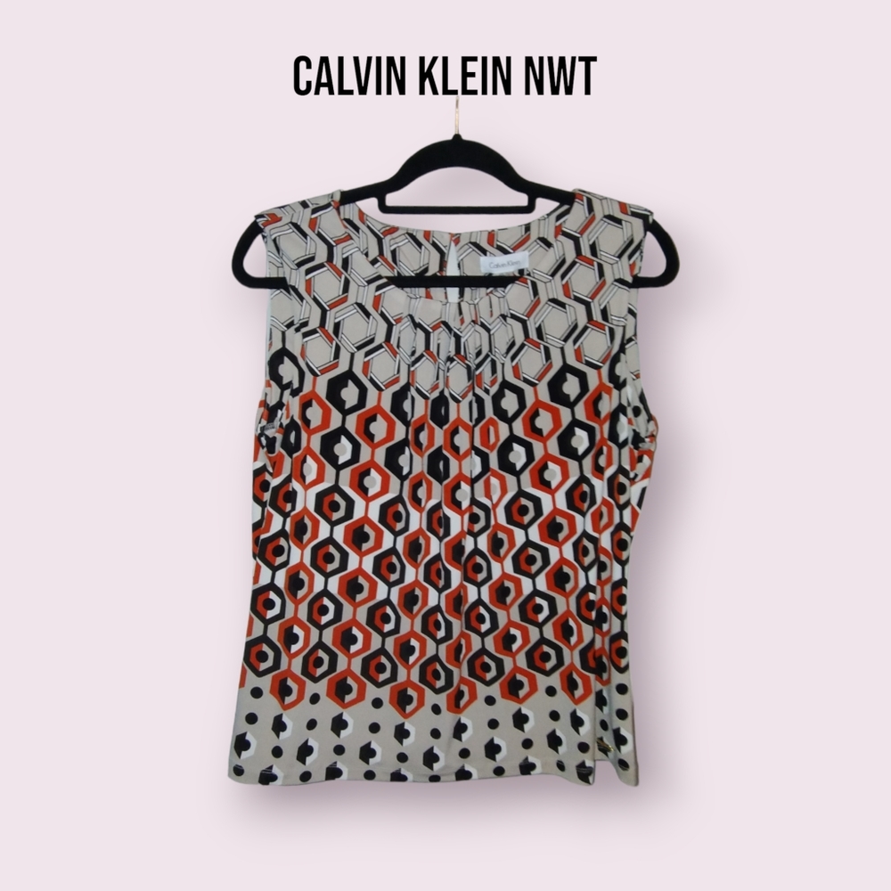 Calvin Klein NWT Sleeveless Blouse - Chic Beige with Red, White, and Black